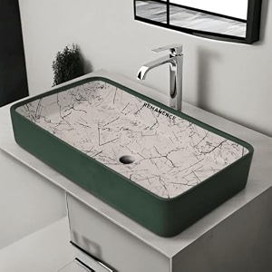 remanence designer table top wash basin for bathroom  ceramic bathroom sink  wash basin over counter bathroom basin 24 x 14 x 4 inch deigner matte green stripe sl 65