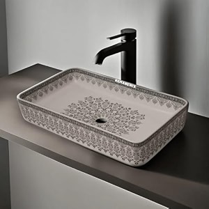 remanence designer table top wash basin for bathroom  ceramic bathroom sink  wash basin over counter bathroom basin 24 x 14 x 4 inch moroccan design white n black sl 91