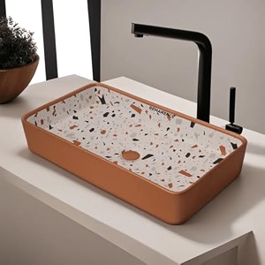 remanence designer table top wash basin for bathroom  ceramic bathroom sink  wash basin over counter bathroom basin 24 x 14 x 4 inch brown n white black sl 51
