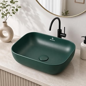 remanence premium designer matte finish table top ceramic wash basinvessel sink with slim rim for bathroom 18 x 13 x 55 inch matte green basin