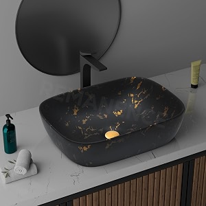 remanence premium designer matte finish table top ceramic wash basinvessel sink with slim rim for bathroom 18 x 13 x 55 inch matte black golden design