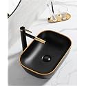REMANENCE Premium Designer Matte Finish Table Top Ceramic Wash Basin/Vessel Sink with Slim Rim for Bathroom (18 x 13 x 5.5 Inch) (Matte Black Golden Tip)