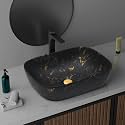 REMANENCE Premium Designer Matte Finish Table Top Ceramic Wash Basin/Vessel Sink with Slim Rim for Bathroom (18 x 13 x 5.5 Inch) (Matte Black Golden Design)