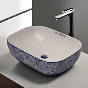 remanence premium designer table top ceramic wash basin for bathroom  over counter bathroom basin  counter top bathroom sink 18 x 13 x 55 inch ad 04 white n blue