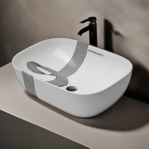 remanence premium designer table top ceramic wash basin for bathroom  over counter bathroom basin  counter top bathroom sink 18 x 13 x 55 inch ad 18 white n black stripe design