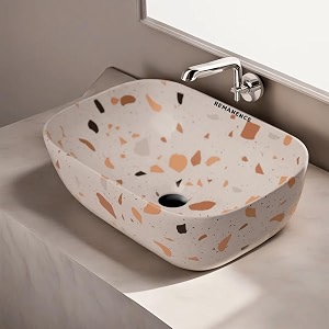 remanence premium designer table top ceramic wash basin for bathroom  over counter bathroom basin  counter top bathroom sink 18 x 13 x 55 inch ad 64 white n multi spot