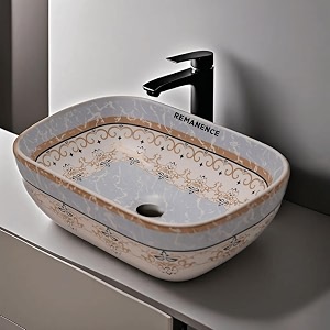 remanence premium designer table top ceramic wash basin for bathroom  over counter bathroom basin  counter top bathroom sink 18 x 13 x 55 inch ad 95 moreccan white blue design