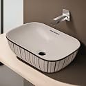 REMANENCE Premium Designer Table Top Ceramic Wash Basin For Bathroom | Over Counter Bathroom Basin | Counter Top Bathroom Sink (18 x 13 x 5.5 Inch) (AD 25 White N Multi)