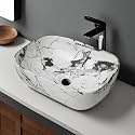REMANENCE Premium Designer Table Top Ceramic Wash Basin For Bathroom | Over Counter Bathroom Basin | Counter Top Bathroom Sink (18 x 13 x 5.5 Inch) (AD 73 Designer White Black)