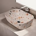 REMANENCE Premium Designer Table Top Ceramic Wash Basin for Bathroom | Over Counter Bathroom Basin | Counter Top Bathroom Sink (18 x 13 x 5.5 Inch) (AD 64 White N Multi Spot)