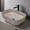 REMANENCE Premium Designer Table Top Ceramic Wash Basin For Bathroom | Over Counter Bathroom Basin | Counter Top Bathroom Sink (18 x 13 x 5.5 Inch) (AD 95 Moreccan White Blue Design)