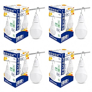 remen 4w dc solar compatible led bulb 12v battery operated  340 lumens cool white 6500k  hanging bulb with hook for home camping shop temple amp emergency use pack of 4