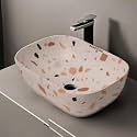 REMOTION Designer Ceramic Wash Basin For Bathroom | Over Counter Bathroom Basin | Counter Top Bathroom Sink (18 x 13 x 5.5 Inch) (AD 73 Designer White Black)