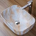 REMOTION Designer Glossy Finish Table Top Ceramic Wash Basin Vessel Sink with Slim Rim |Collapsible Wash Basin | Vessel Sinks For Bathrooms (White-Cream Strip Wash Basin, 18 x 13 x 5.5 Inch)