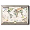 Renditions Gallery Colorful World Map Canvas Wall Art with Vintage Silver Frame Wall Hanging Travel Map with Push Pins for Home, Office, Classroom