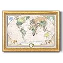 Renditions Gallery Colorful World Map Canvas Wall Art with Vintage Gold Frame Wall Hanging Travel Map with Push Pins for Home, Office, Classroom