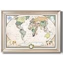 Renditions Gallery Colorful World Map Canvas Wall Art with Modern Silver Frame Wall Hanging Travel Map with Push Pins for Home, Office, Classroom