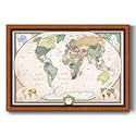 Renditions Gallery Colorful World Map Canvas Wall Art with Pecan Frame Wall Hanging Travel Map with Push Pins for Home, Office, Classroom