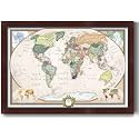 Renditions Gallery Colorful World Map Canvas Wall Art with Mahogany Frame Wall Hanging Travel Map with Push Pins for Living Room, Bedroom, Office Room