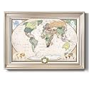 Renditions Gallery Colorful World Map Canvas Wall Art with Modern Silver Frame Wall Hanging Travel Map with Push Pins for Home, Office, Classroom