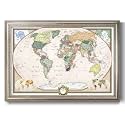 Renditions Gallery Colorful World Map Canvas Wall Art with Vintage Silver Frame Wall Hanging Travel Map with Push Pins for Home, Office, Classroom