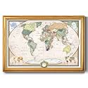 Renditions Gallery Colorful World Map Canvas Wall Art with Vintage Gold Frame Wall Hanging Travel Map with Push Pins for Home, Office, Classroom