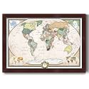 Renditions Gallery Colorful World Map Canvas Wall Art with Mahogany Frame Wall Hanging Travel Map with Push Pins for Living Room, Bedroom, Office Room