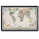 Renditions Gallery Colorful World Map Canvas Wall Art with Black Frame Wall Hanging Travel Map with Push Pins for Home, Office, Classroom