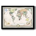 Renditions Gallery Colorful World Map Canvas Wall Art with Modern Black and Silver Frame Wall Hanging Travel Map with Push Pins for Home, Office, Classroom