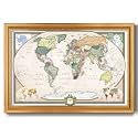 Renditions Gallery Colorful World Map Canvas Wall Art with Vintage Gold Frame Wall Hanging Travel Map with Push Pins for Home, Office, Classroom