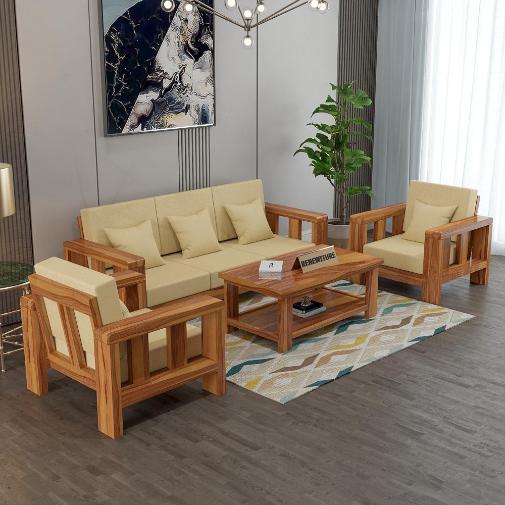 Sheesham Wood 5 Seater Sofa Set for Living Room Furniture Wooden Sofa ...