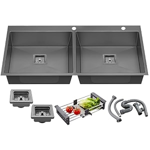 respite kitchen sink  double bowl kitchen sink  handmade 3734x 1834x1034 premium stainless steel  kitchen sink  double bowl with tap hole black matt with fruit basket coupling amp waste set