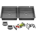 RESPITE Kitchen Sink | Double Bowl kitchen Sink | Handmade 37"X 18"X10" Premium Stainless Steel | Kitchen Sink | Double Bowl With Tap Hole (Black, Matt) with Fruit Basket, Coupling & waste set.