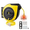 Retractable Extension Cord Reel, 75 FT, Heavy Duty 14AWG/3C SJTOW Power Cord, with Lighted Triple Tap Outlet 10 Amp Circuit Breaker, for Ceiling or Wall Mount Garage and Shop, Yellow