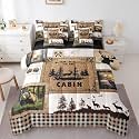 Retro Cabin Comforter Set 7 Piece Bed in a Bag Twin, Rustic Bear Deer Hunting Bedding Sets Wildlife Wild Animal Comforter and Sheet Set, Farmhouse Western Country Black Brown Lattice Room Decor