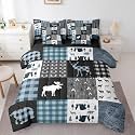 Retro Cabin Queen Comforter Set with Sheets, Rustic Lodge Patchwork 7 Piece Bedding Set Bear Deer Hunting Wildlife Bed in a Bag, Blue Lattice Checked Plaid Country Farmhouse Camper Decor Bed Sets