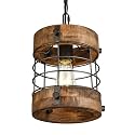Retro Industrial Metal and Wood Chandelier 1-Light Round Cage Pendant Light Fixture for Kitchen Island Foyer Hallway Bar Dining Room Restaurant, D 7.9" x H 8.7" (Brown)