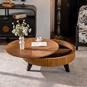 Retro Round Coffee Table with Storage and Solid Wood Legs, Timeless Design for Living Room &amp; Office (Natural, 39.37")