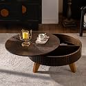 Retro Round Coffee Table with Storage and Solid Wood Legs, Timeless Design for Living Room & Office (Brown, 31.5")