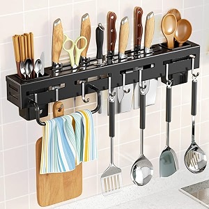rewop kitchen accessories stand wall mount knife holder  adhesive mounted spoon holder storage rack  multi-purpose kitchen counter top shelf  no-drill kitchen tool storage matel