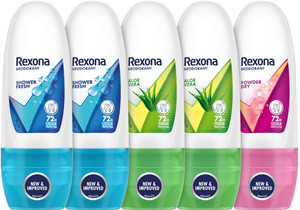 rexona roll-on deodorant for women - shower fresh 2 aloe vera 2  powder dry 1 deodorant roll-on - for women 125 ml pack of 5