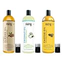 Rey Naturals Hair Oil Combo - Cold Pressed Castor Oil, Virgin &amp; Pure Coconut oil &amp; Sweet Almond Oil For Hair, Skin &amp; Face - 200ml Each | For Hair Growth, Hairfall Control, Eyebrow &amp; Eyelashes