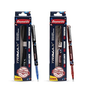 reynolds trimax 2 ct pouch - 1 blue 1 redi lightweight roller pen with comfortable grip for extra smooth writing i school and office stationery  05mm tip size