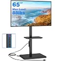 Rfiver Swivel Floor TV Stand with Power Outlet for 32-65 inch TVs, Height Adjustable Tall TV Stand with Wood Base, Saving Space Design for Bedroom, Living Room and Corner