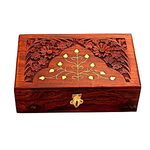 rgrandsons handmade wooden keepsake storage box jewelry trinket holder organizer floral hand carvings with brass inlay 6 inch rectangular