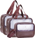 Rhydin Set of 3 Multipurpose Wash Bags with Transparent Window & Zipper Closure Travel Toiletry Kit (Brown)