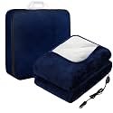 Riakrum 12v Heated Car Blanket 58" x 43", 3 Heating Level Electric Heated Blanket Portable Throw with Temperature Controller Cigarette Lighter Socket for Truck Winter(Navy Blue,Solid)