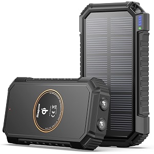 riapow solar charger 26800mah riapow solar power bank 4 outputs usb c quick charge qi wireless portable charger with led flashlight for iphone tablet samsung and outdoor camping black