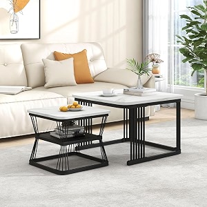 marble laminated look square coffee tables set 2 piece stackable center table with storage drawer and metal frame for living room or apartments with storage shelf white-black