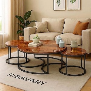 round coffee table set of 3 marble laminated accent center table with sturdy metal base modern foldable nesting stacking tables for living room bedroom modern black-brown